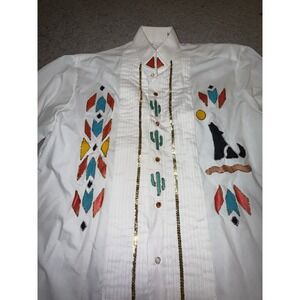 Vintage Hand Painted By Marken Tuxedo Shirt Mens Medium Western Native Boho Luxe
